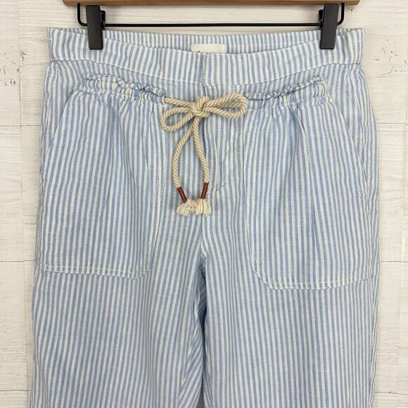 Anthropologie Seashore Linen Blend Pants Women XS Blue Striped Rope Belt Crop - Picture 3 of 16